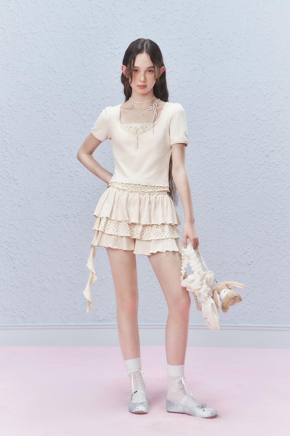 Floral Ruffled Pointelle Tiered Skirt