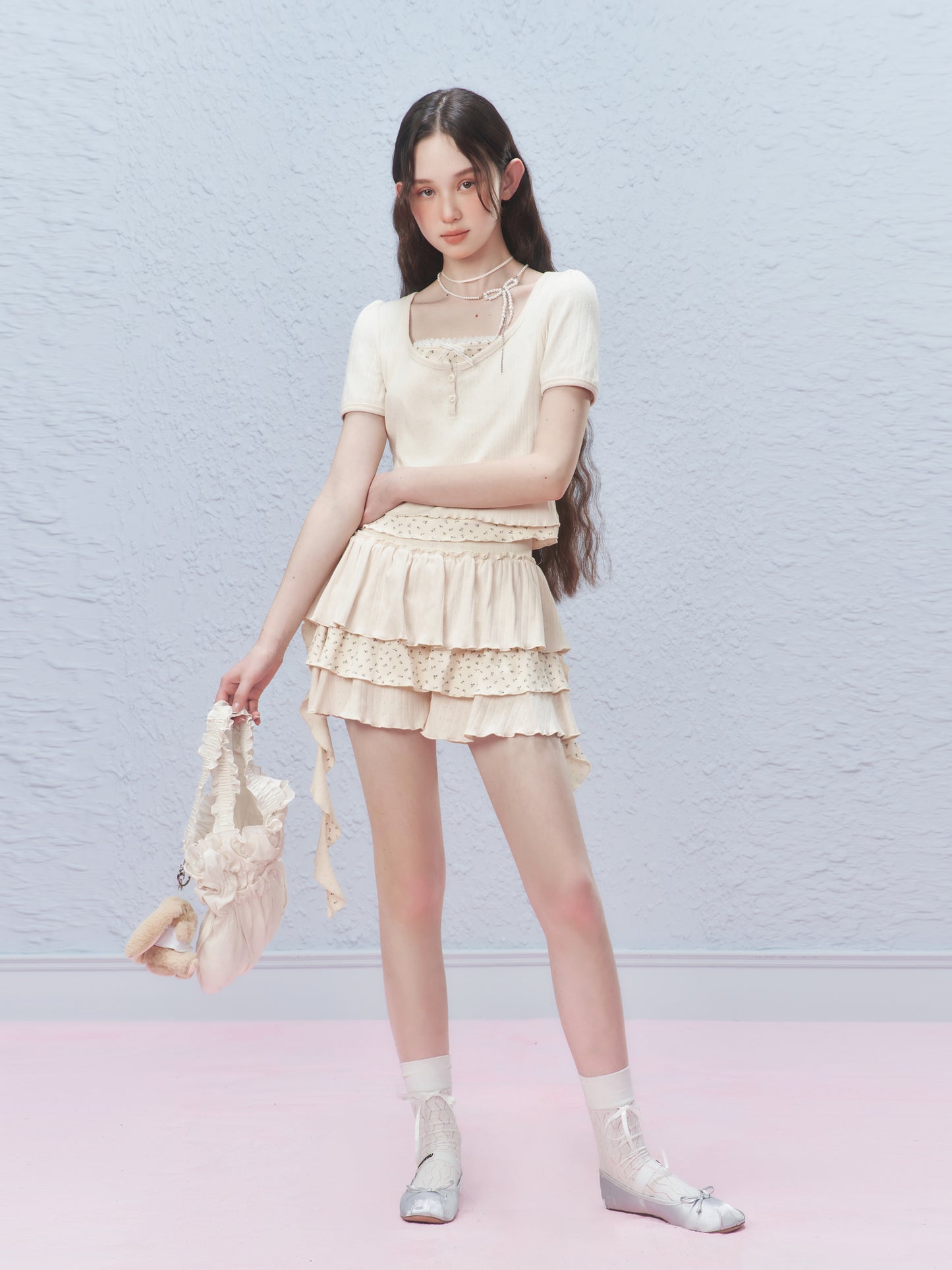 Floral Ruffled Pointelle Tiered Skirt