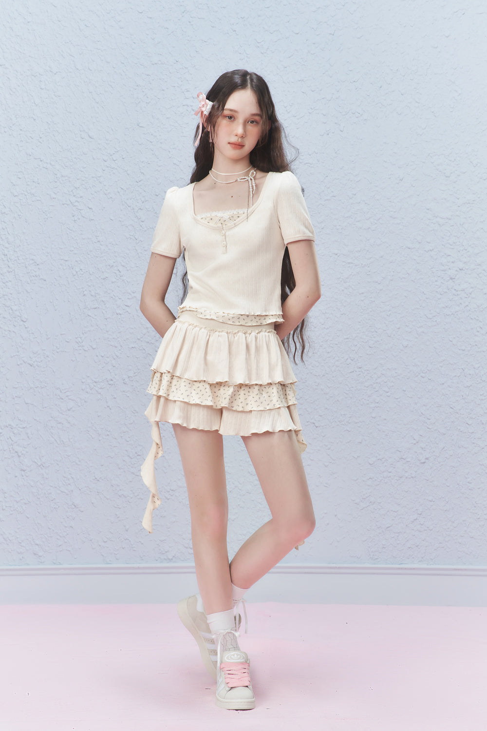Floral Ruffled Pointelle Tiered Skirt