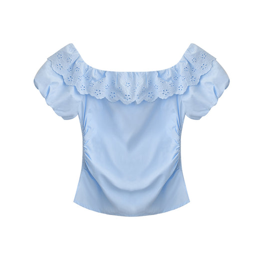 Side-Gathered Off-Shoulder Bubble Sleeve Blouse