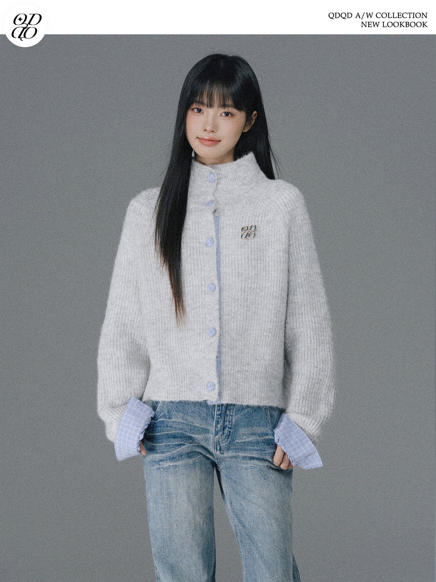 Two-Way Knit Cardigan With Check Accents And Charm