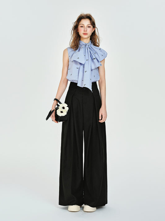 Floor-Length Draped Wide-Leg Tuck Pants