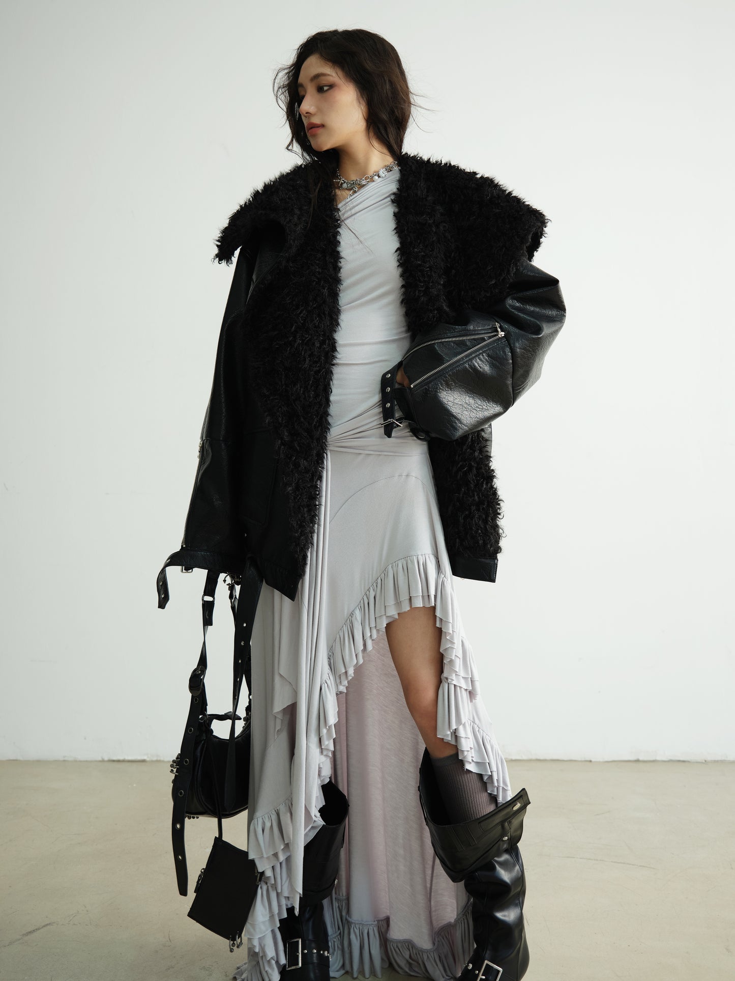 Textured Finish Faux Leather Fur Collar Jacket