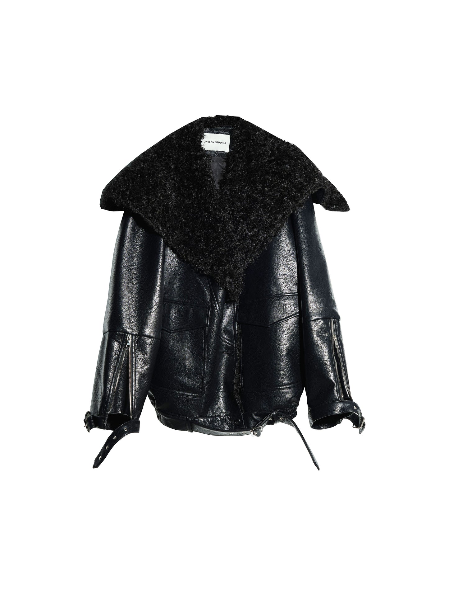 Textured Finish Faux Leather Fur Collar Jacket