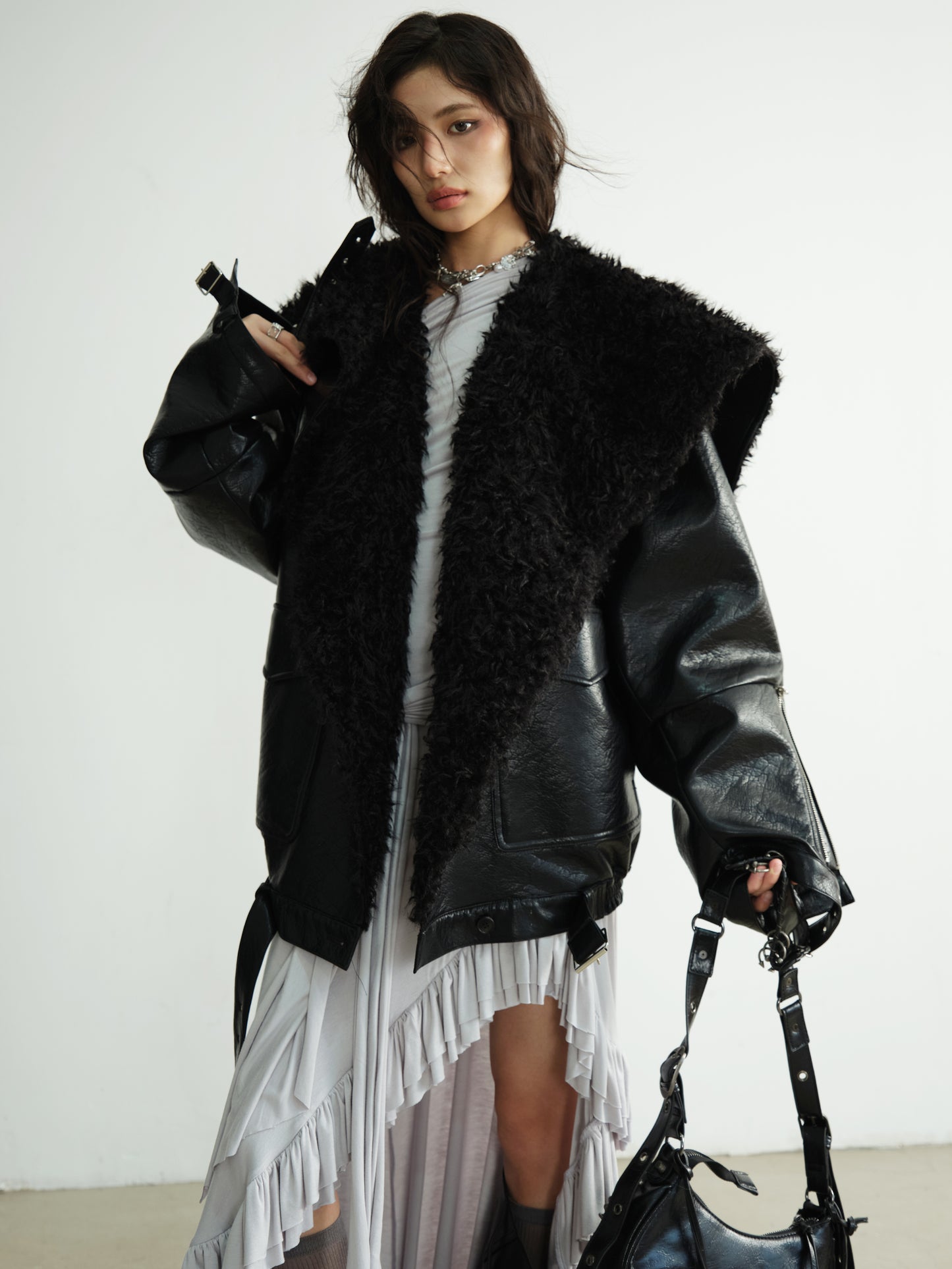 Textured Finish Faux Leather Fur Collar Jacket
