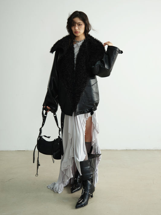 Textured Finish Faux Leather Fur Collar Jacket