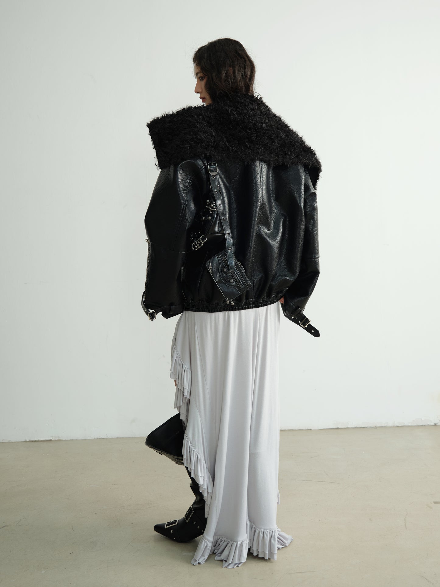 Textured Finish Faux Leather Fur Collar Jacket