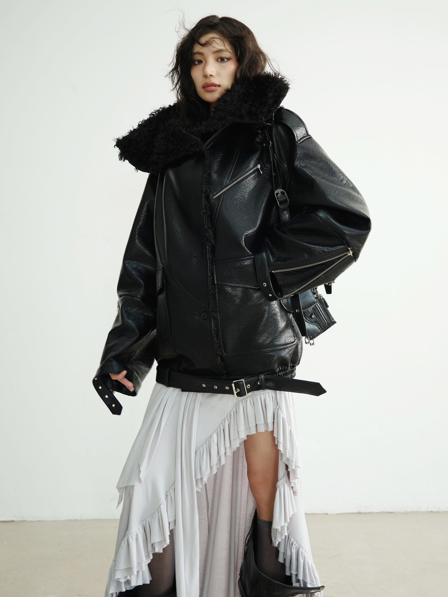 Textured Finish Faux Leather Fur Collar Jacket