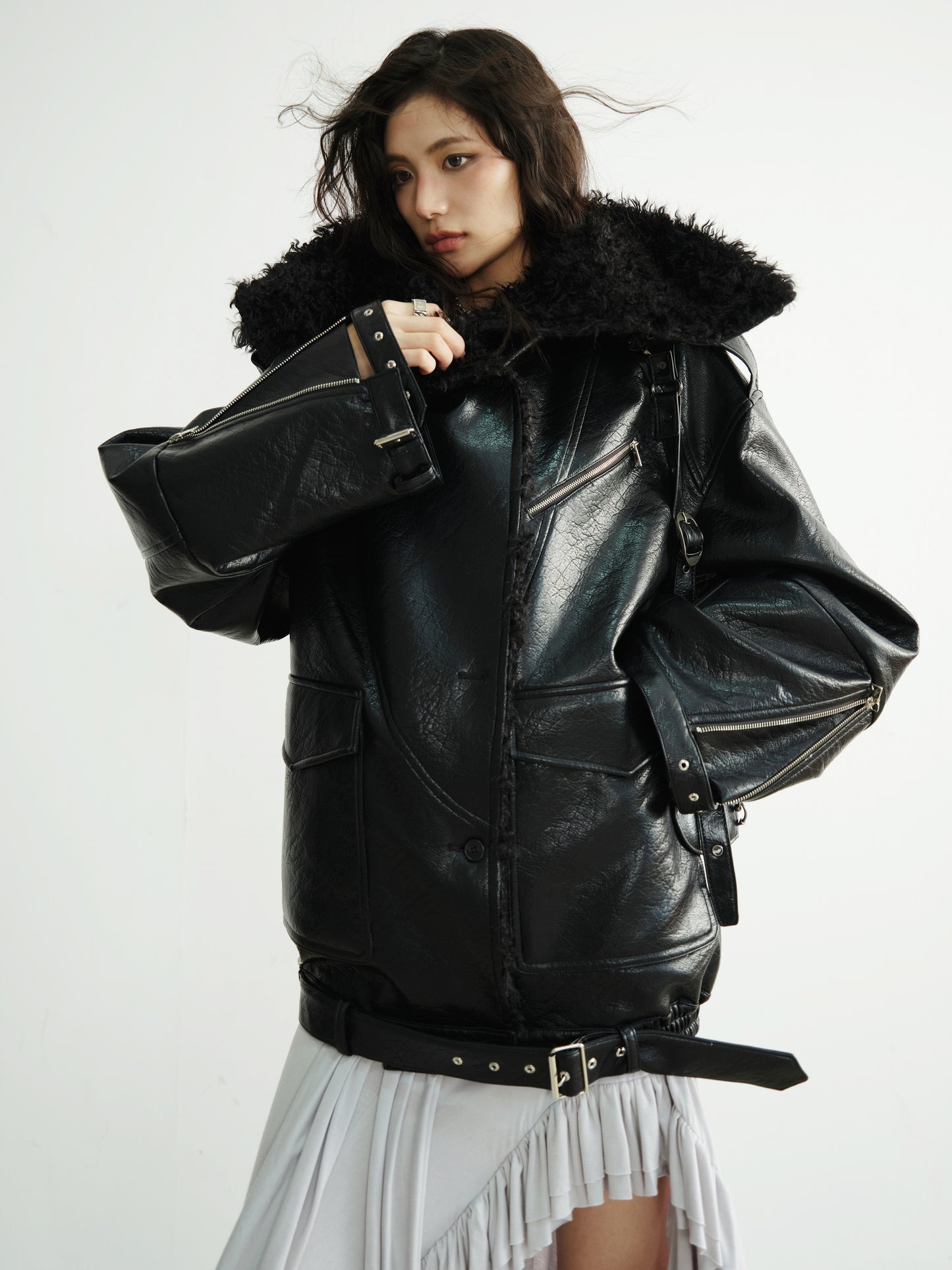Textured Finish Faux Leather Fur Collar Jacket