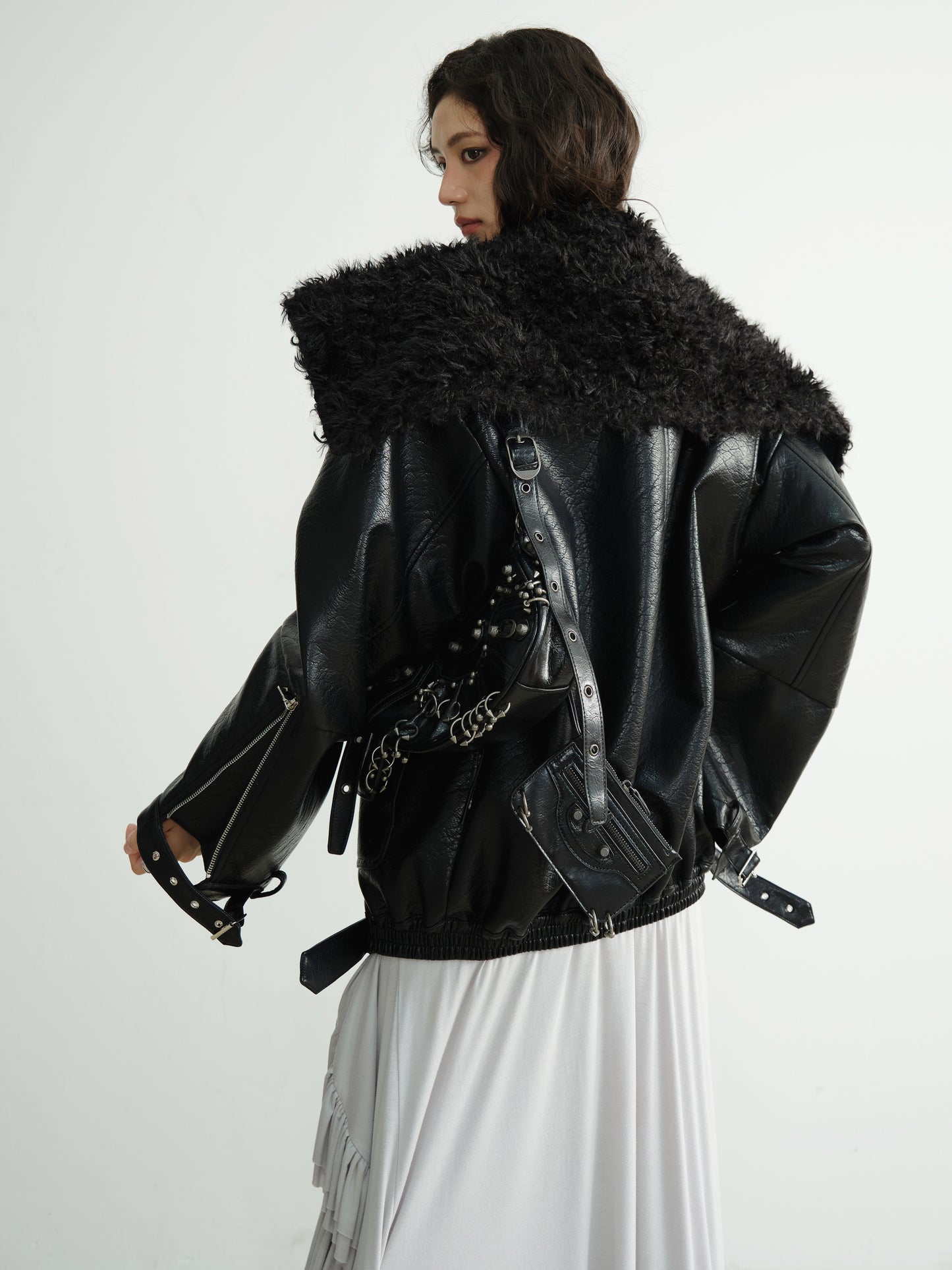 Textured Finish Faux Leather Fur Collar Jacket