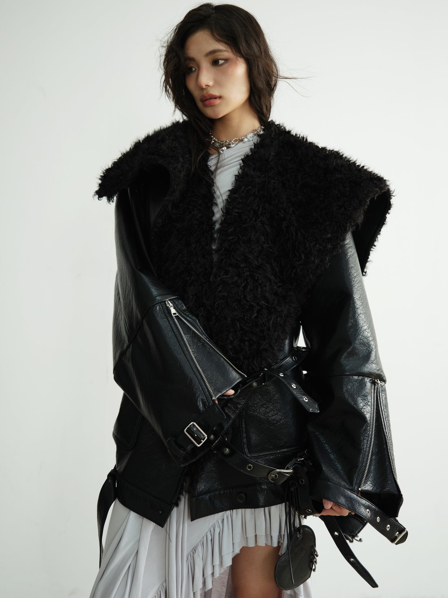 Textured Finish Faux Leather Fur Collar Jacket