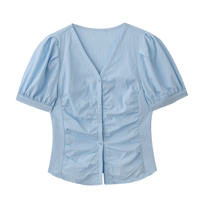 Puff-Sleeve Collarless Blouse With Ruched Front