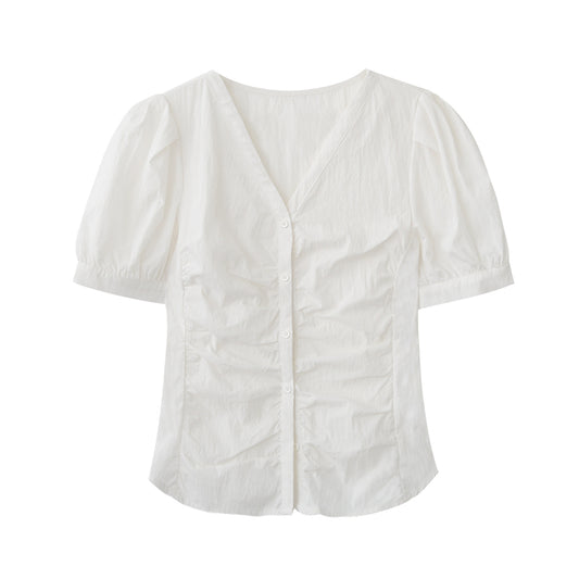 Puff-Sleeve Collarless Blouse With Ruched Front