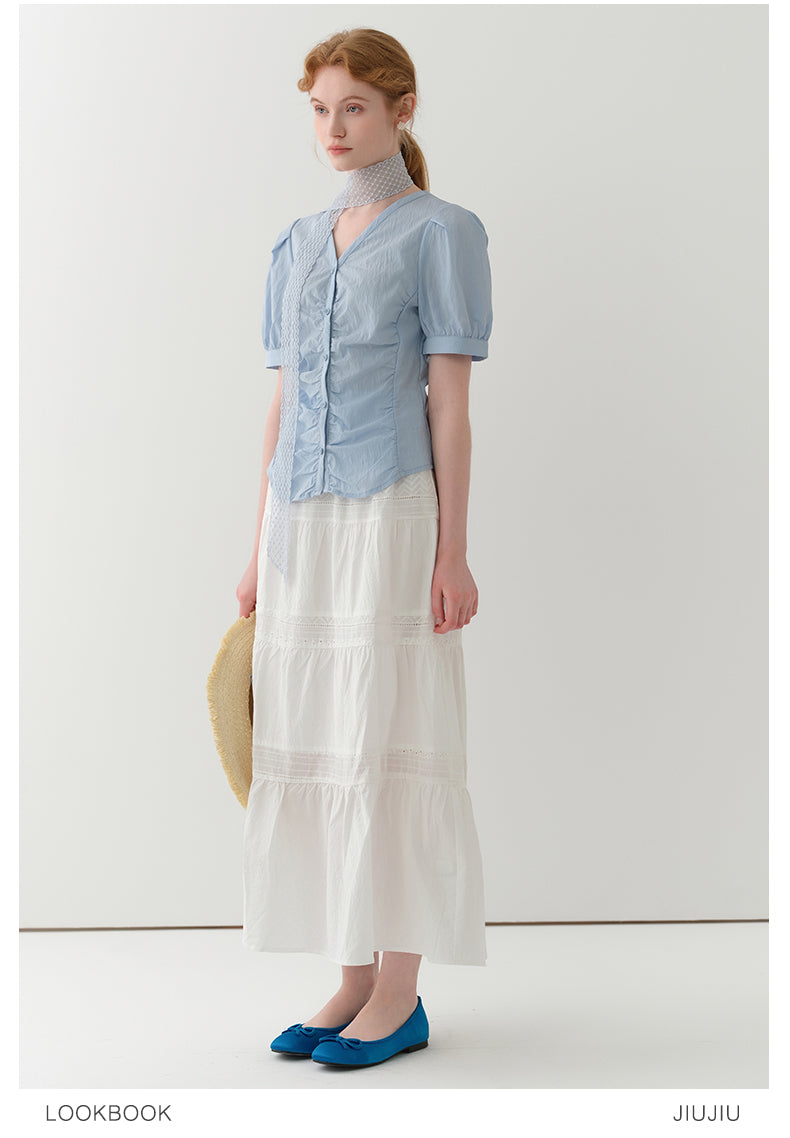 Puff-Sleeve Collarless Blouse With Ruched Front