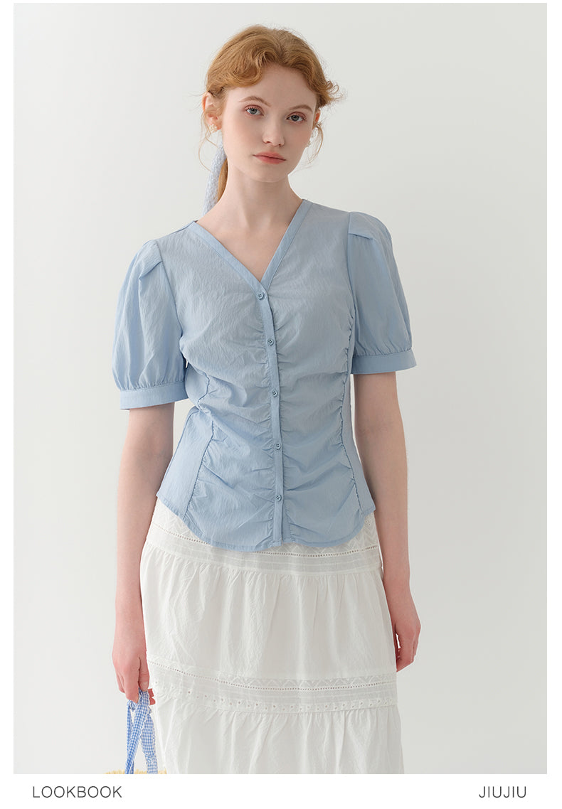 Puff-Sleeve Collarless Blouse With Ruched Front