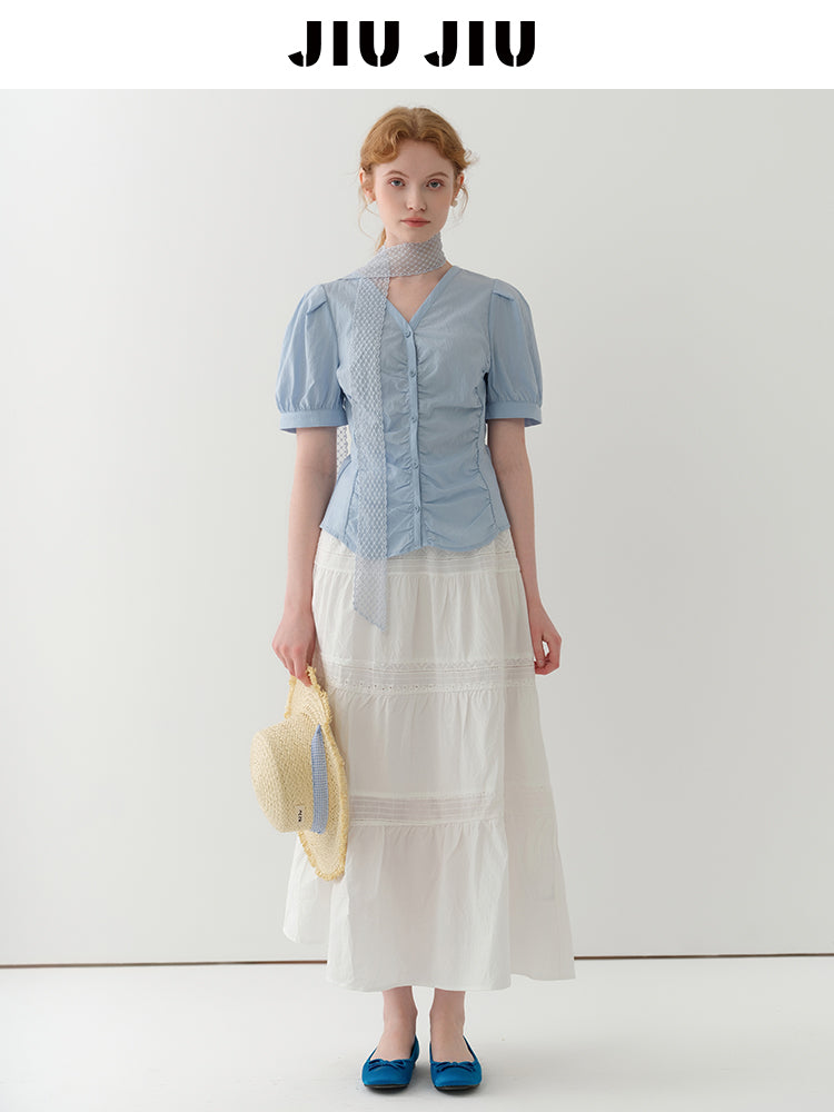 Puff-Sleeve Collarless Blouse With Ruched Front
