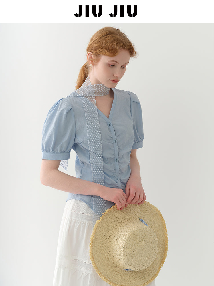 Puff-Sleeve Collarless Blouse With Ruched Front