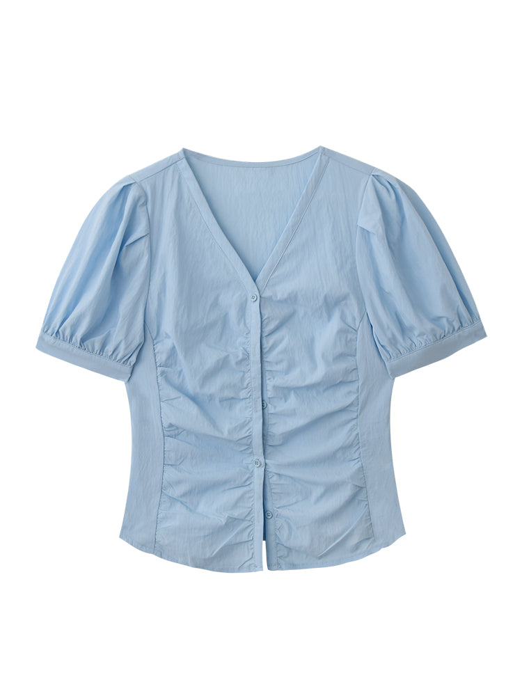 Puff-Sleeve Collarless Blouse With Ruched Front