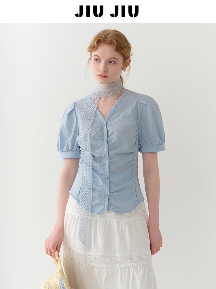 Puff-Sleeve Collarless Blouse With Ruched Front