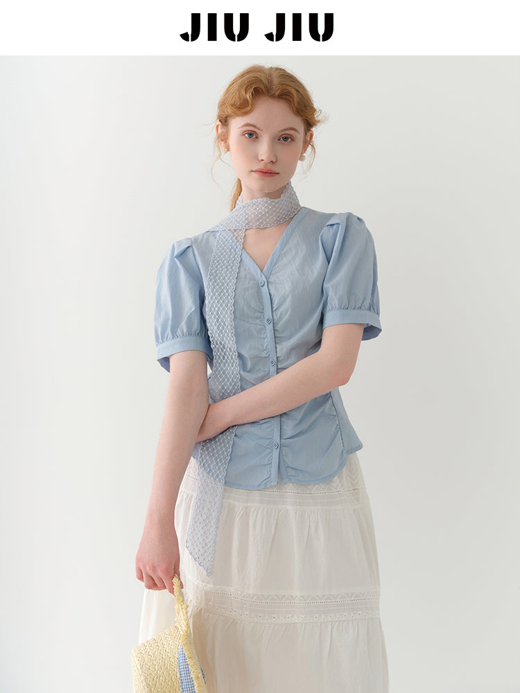 Puff-Sleeve Collarless Blouse With Ruched Front