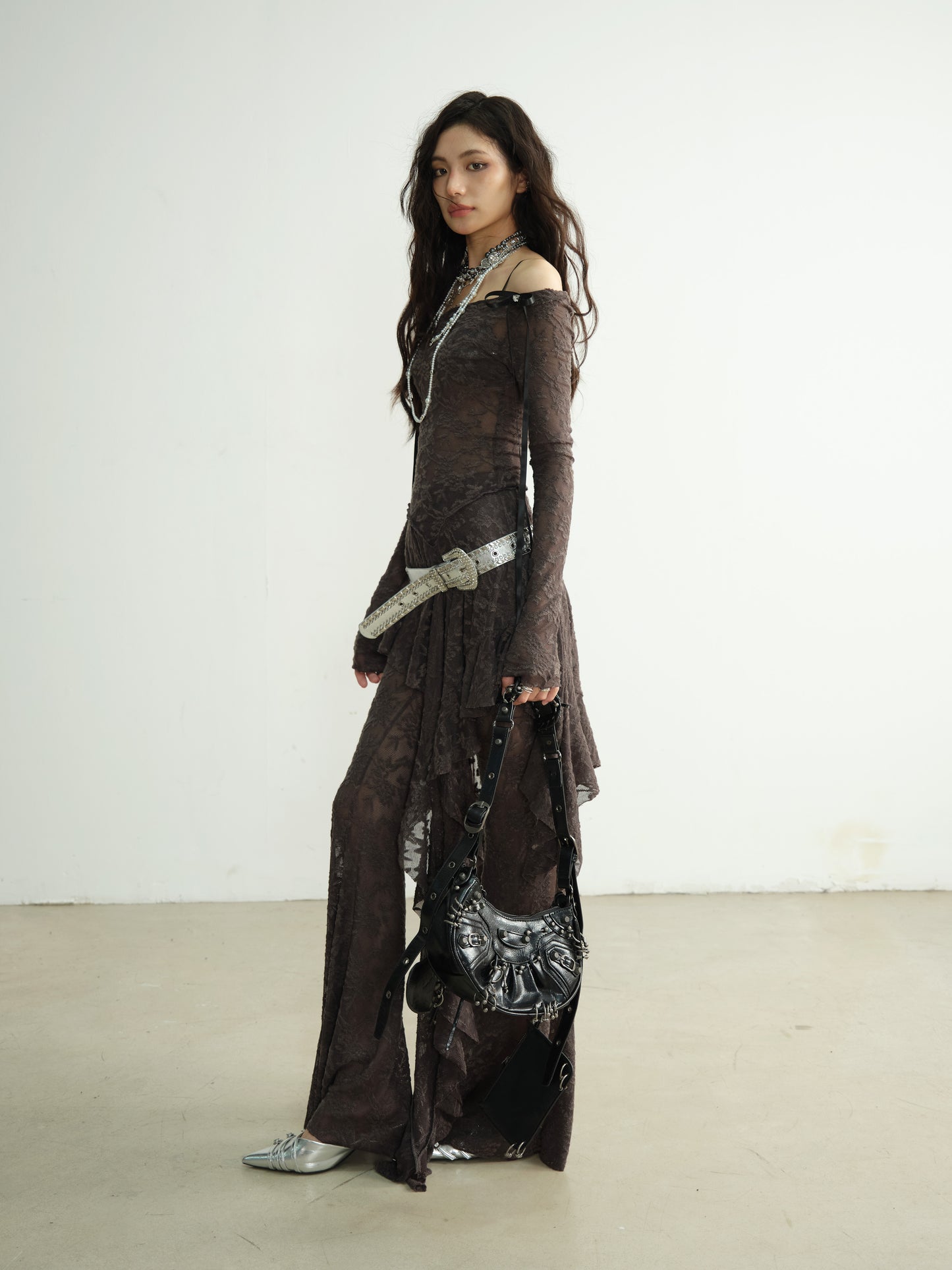 Asymmetric Ruffle Sheer Lace Top And Skirt