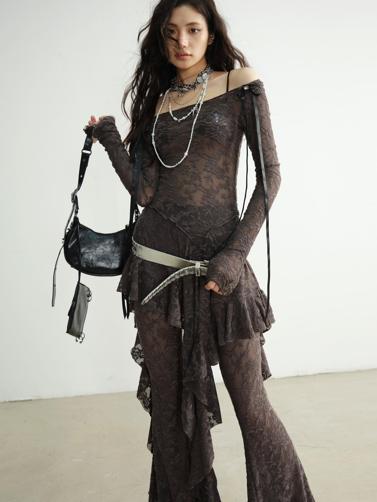 Asymmetric Ruffle Sheer Lace Top And Skirt