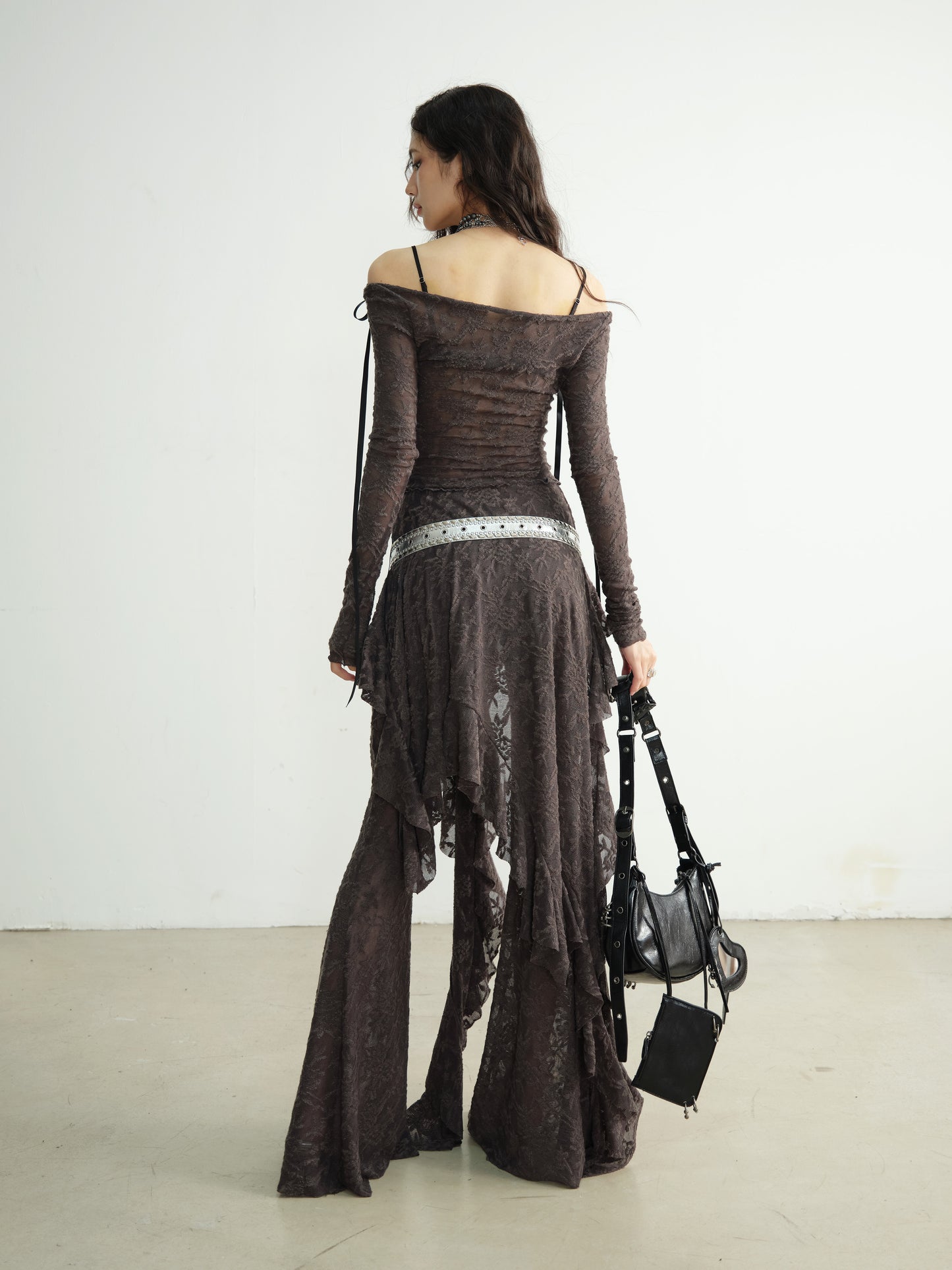 Asymmetric Ruffle Sheer Lace Top And Skirt