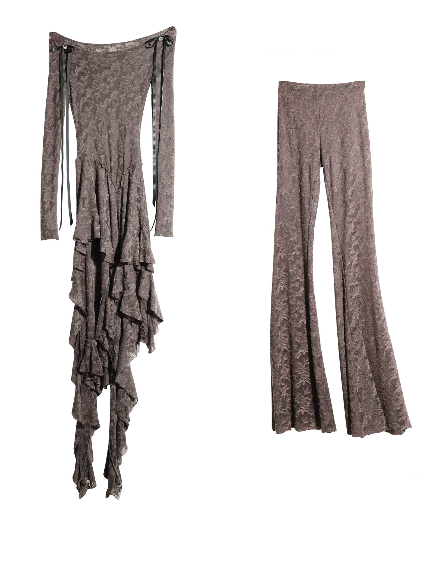 Asymmetric Ruffle Sheer Lace Top And Skirt