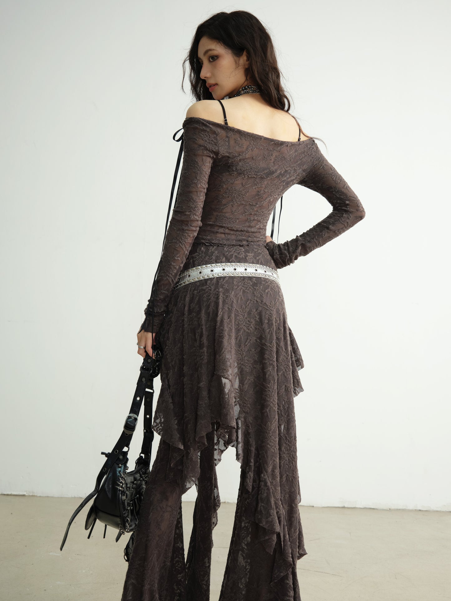 Asymmetric Ruffle Sheer Lace Top And Skirt