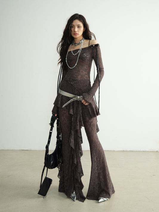 Asymmetric Ruffle Sheer Lace Top And Skirt