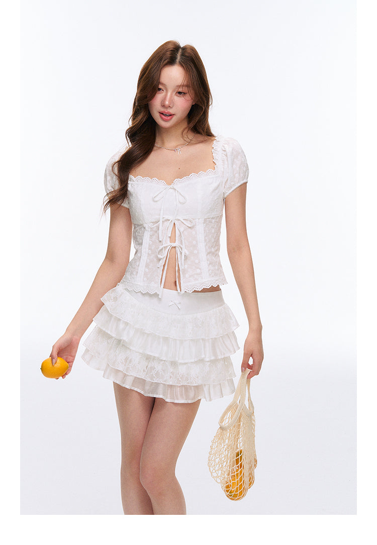 Square-Collar Puff-Sleeve Embroidered Blouse