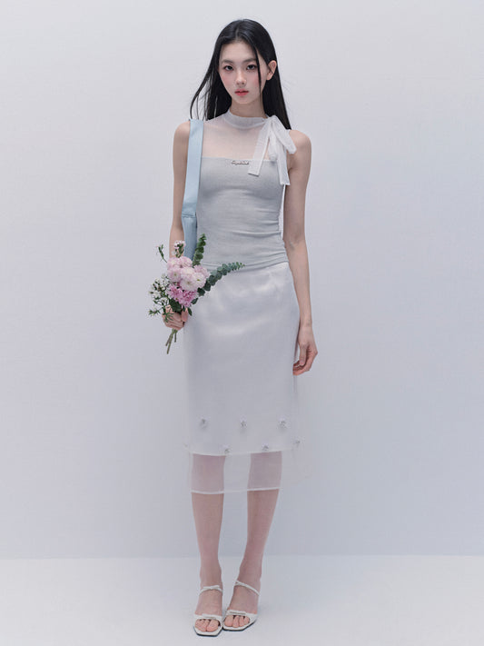 Sparkling Sheer Mesh Tie-Neck Top And Skirt