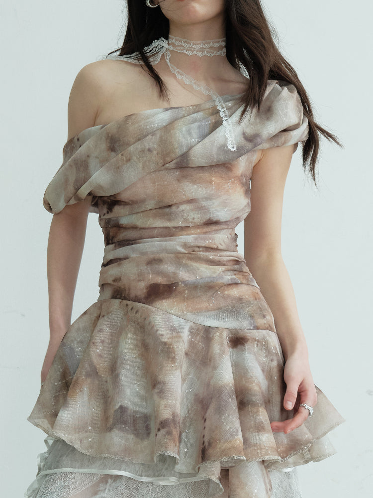 Asymmetric Draped One-Shoulder Printed Top