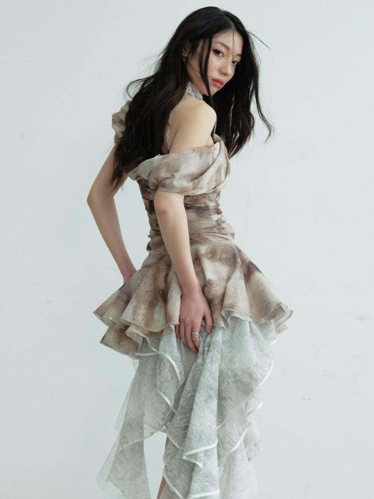 Asymmetric Draped One-Shoulder Printed Top