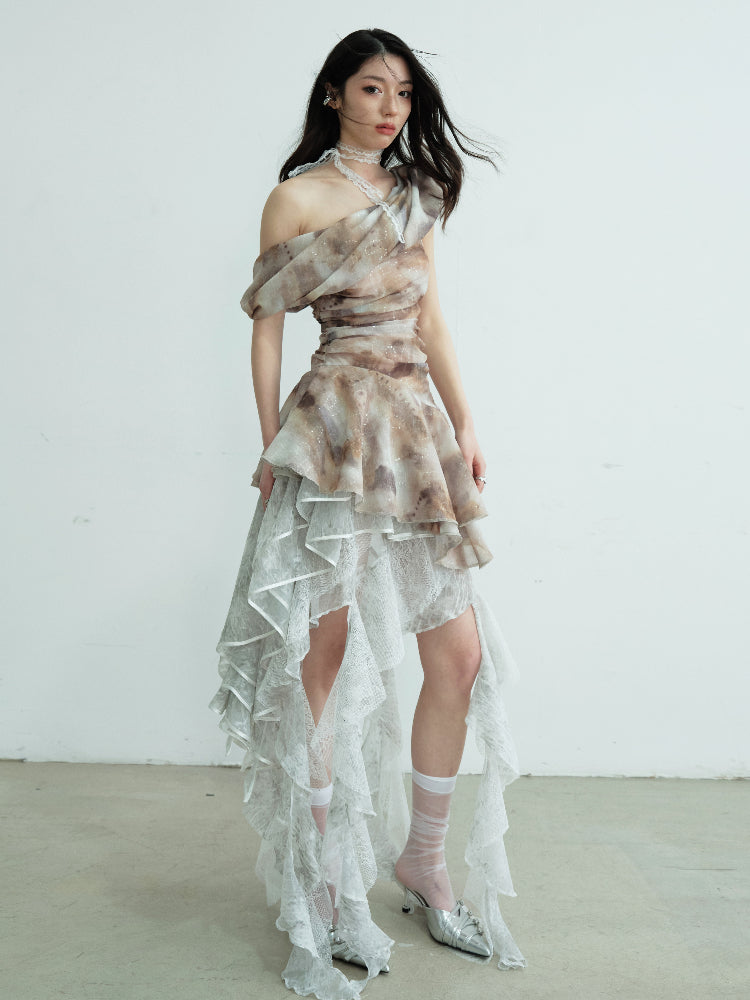 Asymmetric Draped One-Shoulder Printed Top