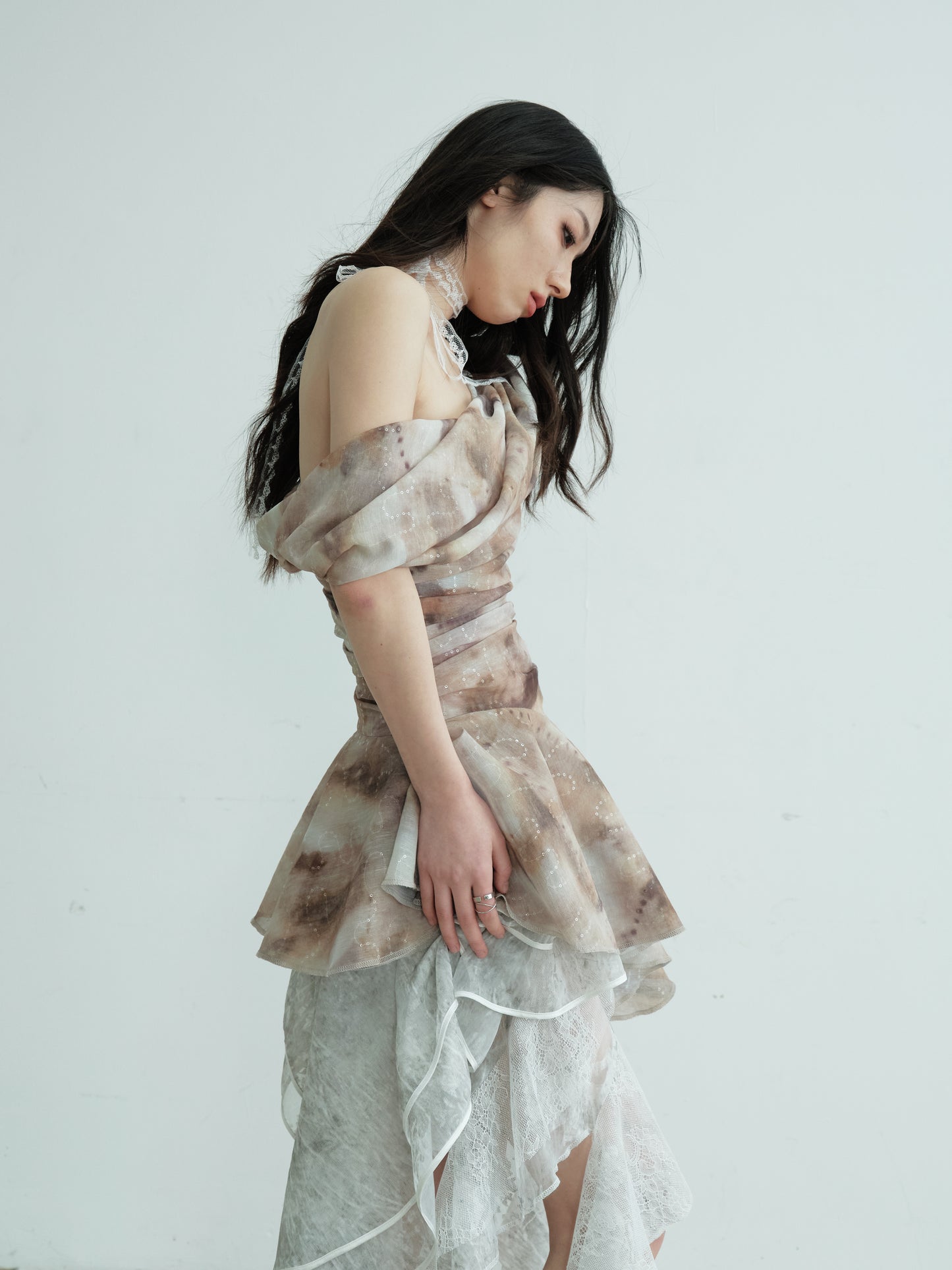 Asymmetric Draped One-Shoulder Printed Top