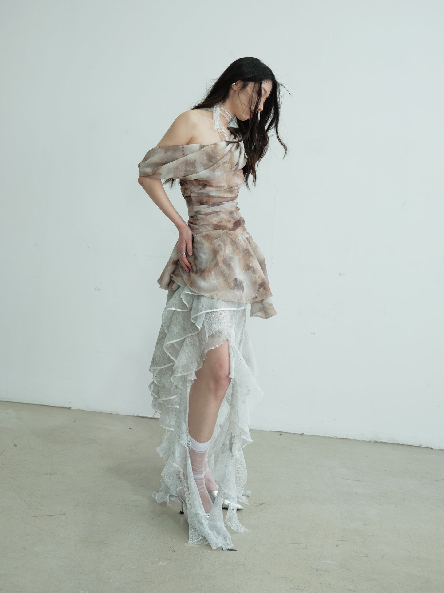 Asymmetric Draped One-Shoulder Printed Top