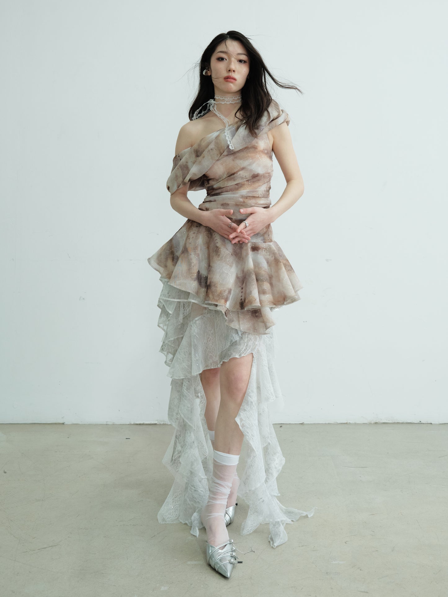 Asymmetric Draped One-Shoulder Printed Top