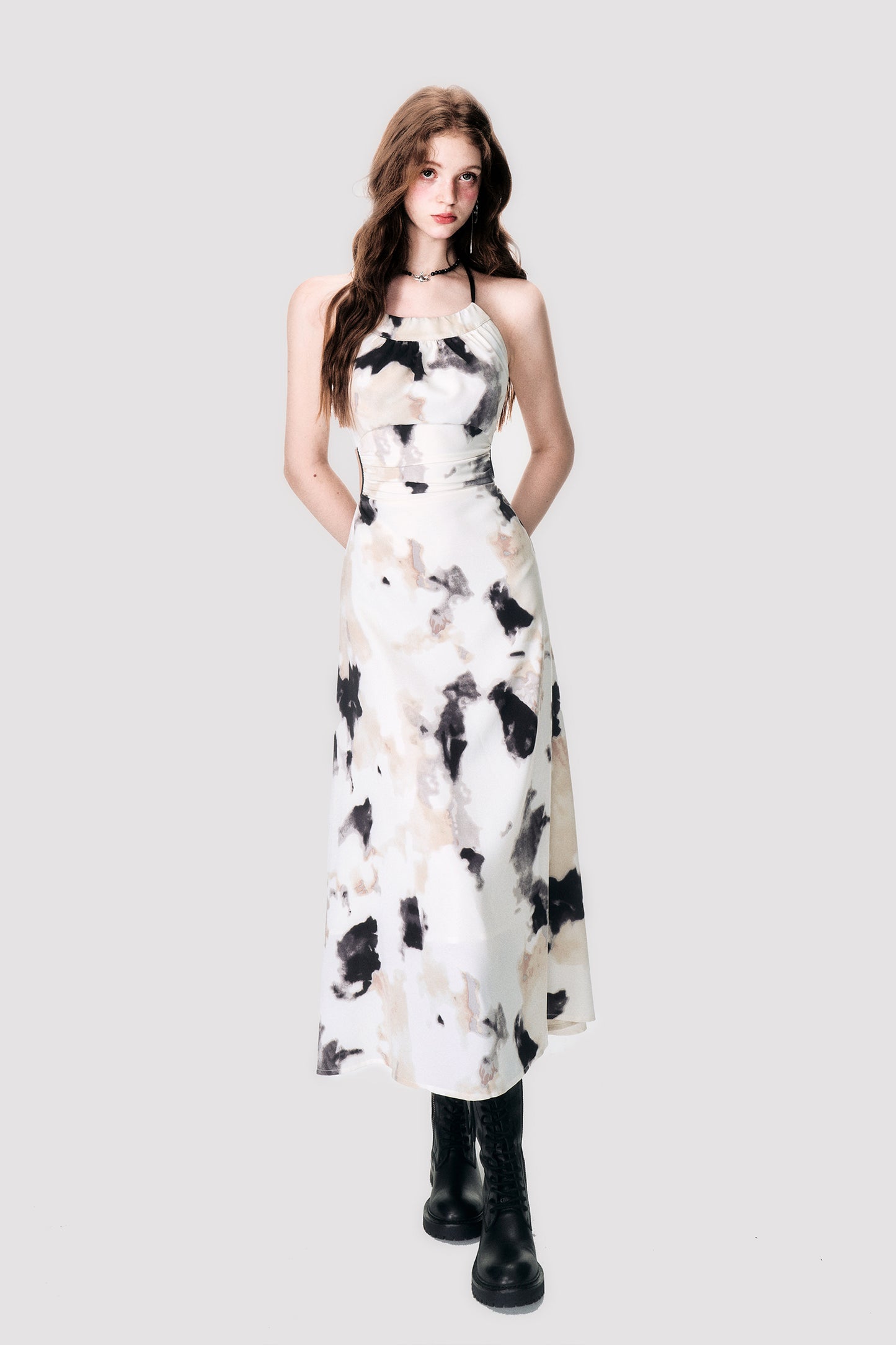 Backless Dyed Print Cross Strap Halter Dress