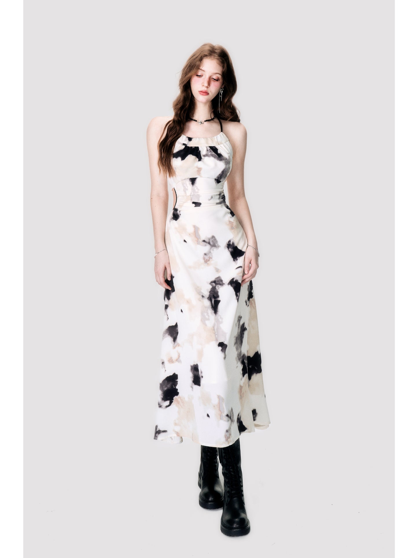 Backless Dyed Print Cross Strap Halter Dress