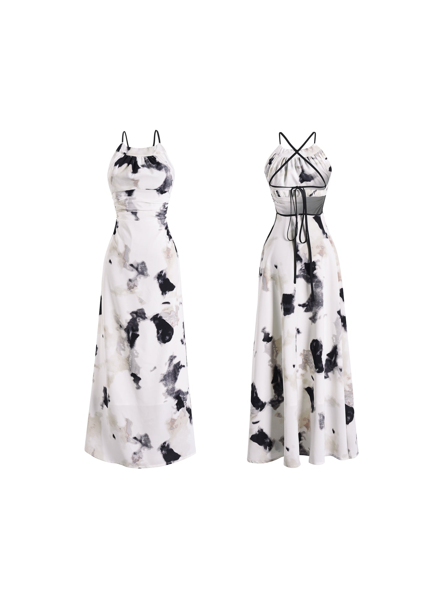 Backless Dyed Print Cross Strap Halter Dress
