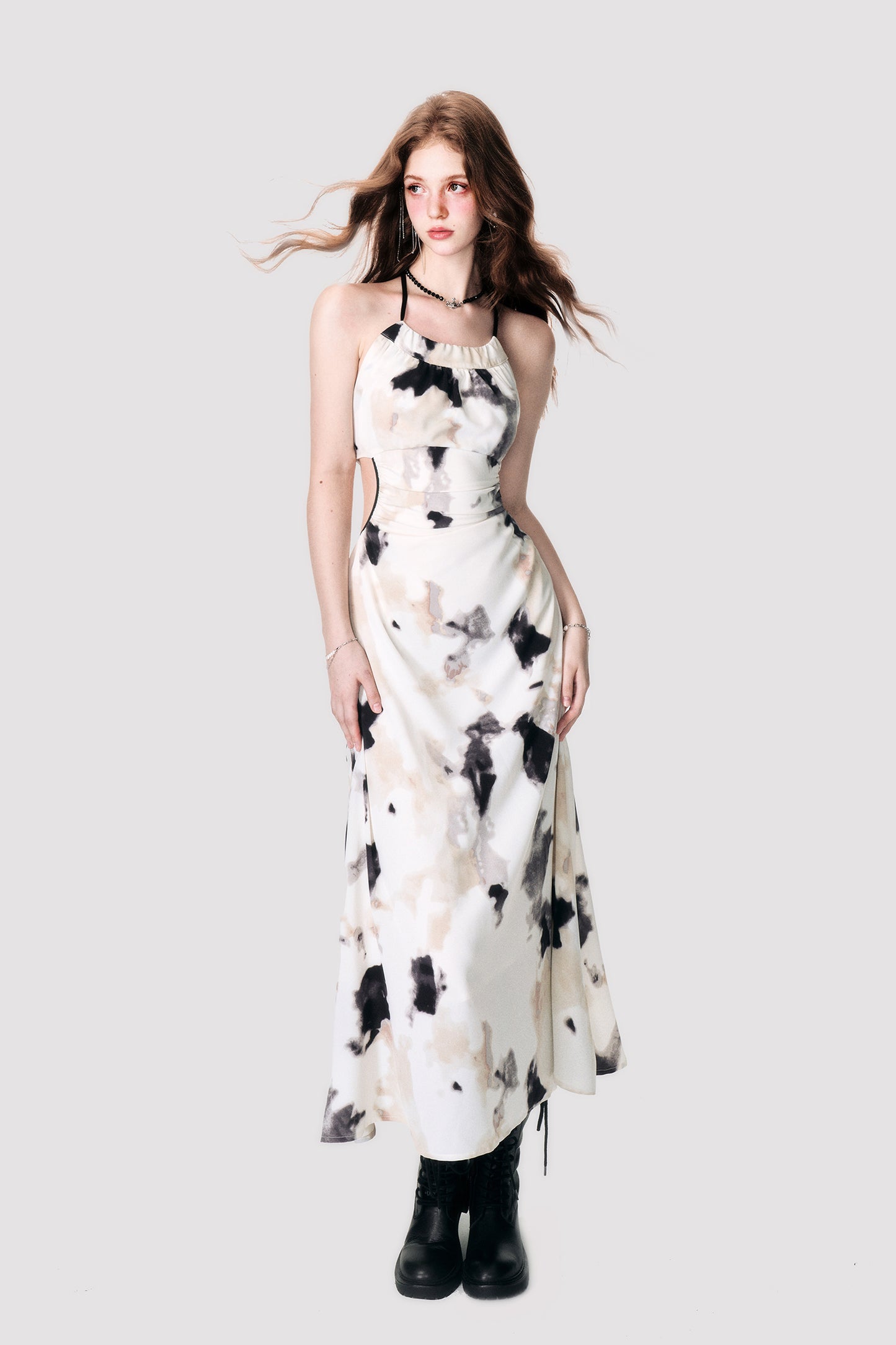 Backless Dyed Print Cross Strap Halter Dress