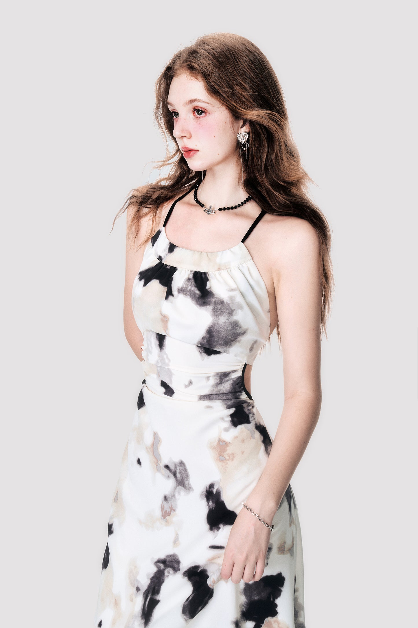 Backless Dyed Print Cross Strap Halter Dress