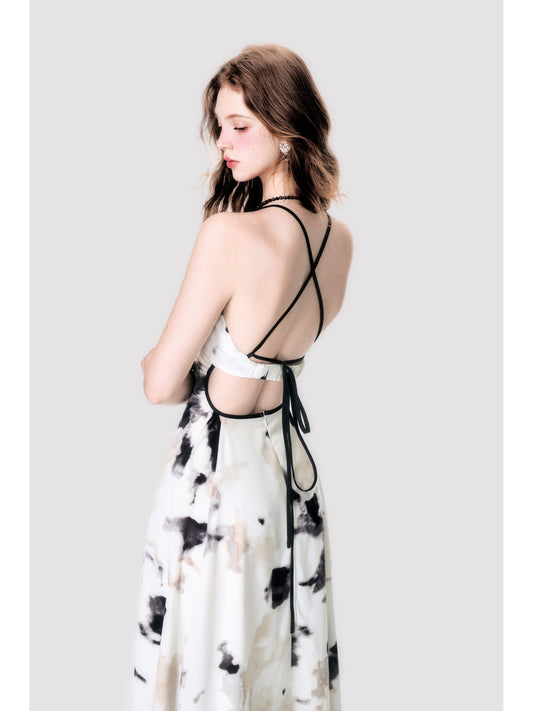 Backless Dyed Print Cross Strap Halter Dress