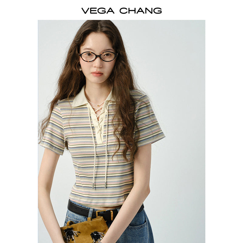 Striped Collared Lace-Up Top