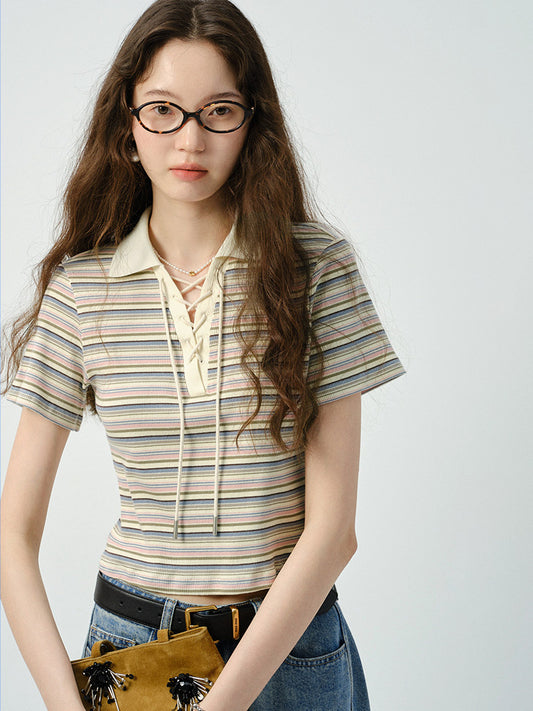 Striped Collared Lace-Up Top