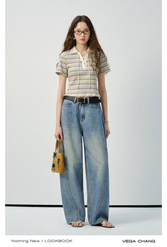 Striped Collared Lace-Up Top