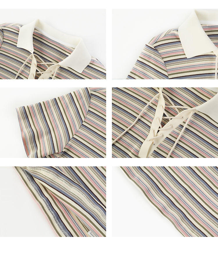 Striped Collared Lace-Up Top