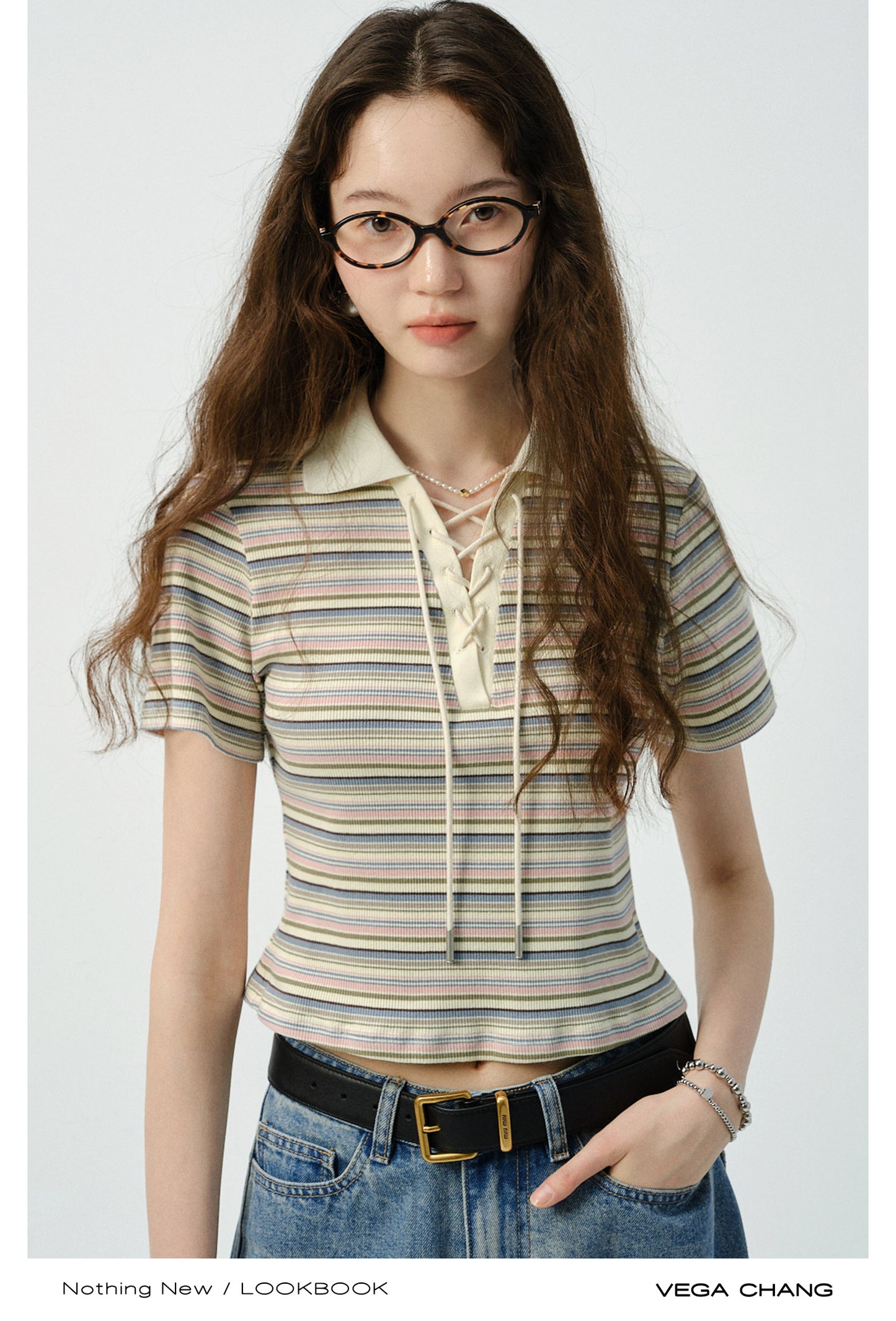 Striped Collared Lace-Up Top