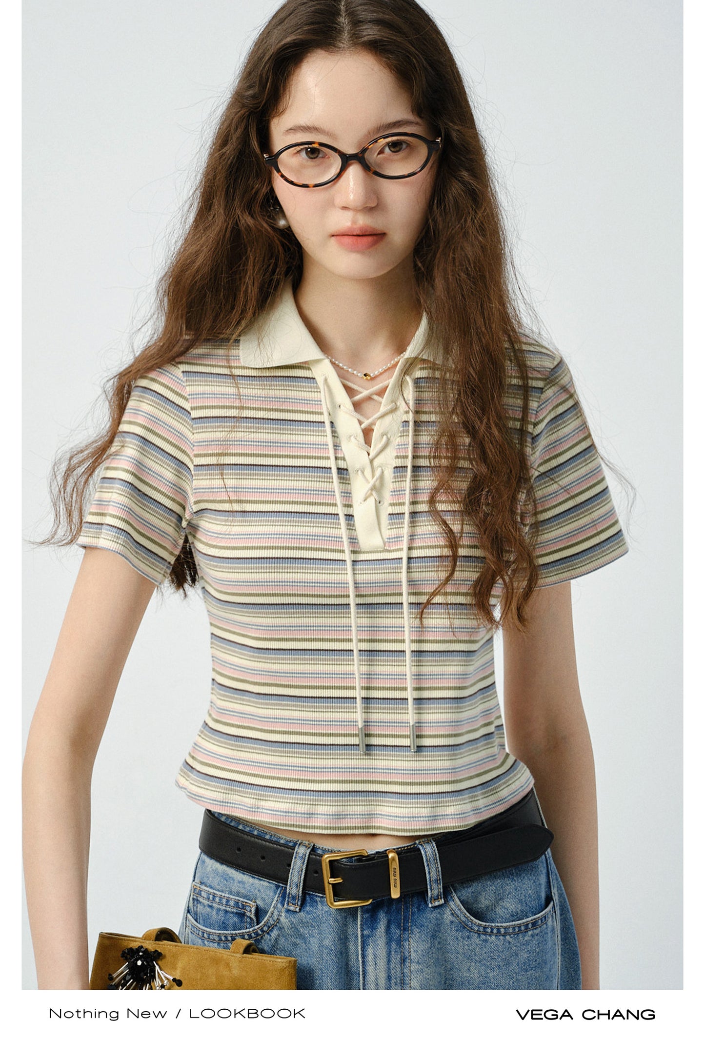 Striped Collared Lace-Up Top